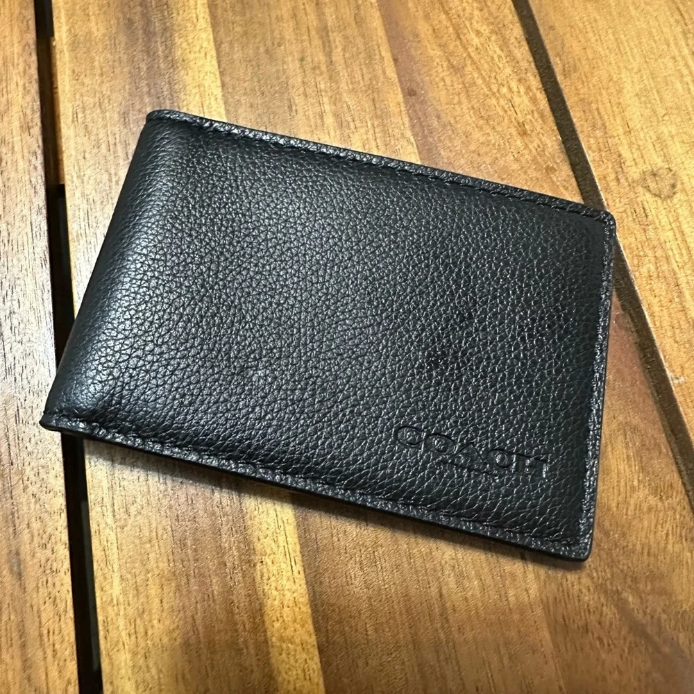 Coach Black Pebbled Leather Card Holder Wallet